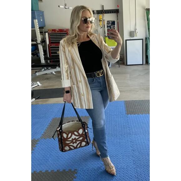 7 for All Mankind Shine Blazer Ivory Gold Stripe Button Front Double Breast Sz L - Picture 5 of 16